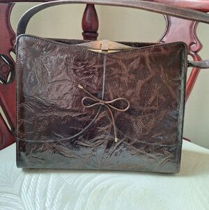 Preloved Vintage Brown Vegan Leather Handbag with Bow Accent 1950s